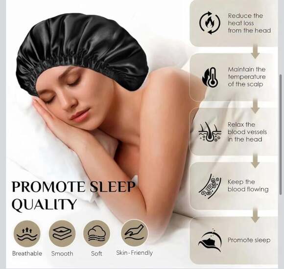 Silk Satin Sleep Bonnet - Black Night Cap for Hair‎ Protection - Picture 3 of 9